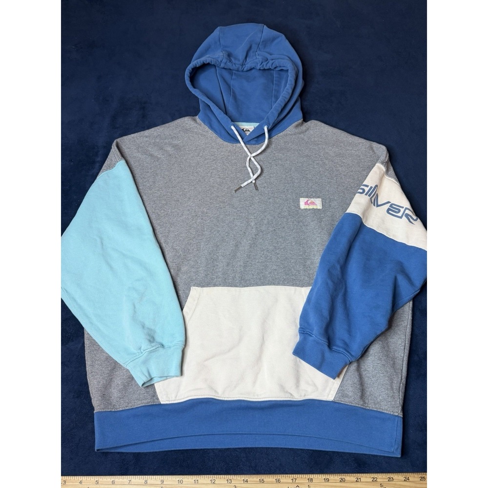 Quiksilver Hoodie Surfer Skater 90s Style Mens Medium Y2K Colorblock Blue Grey